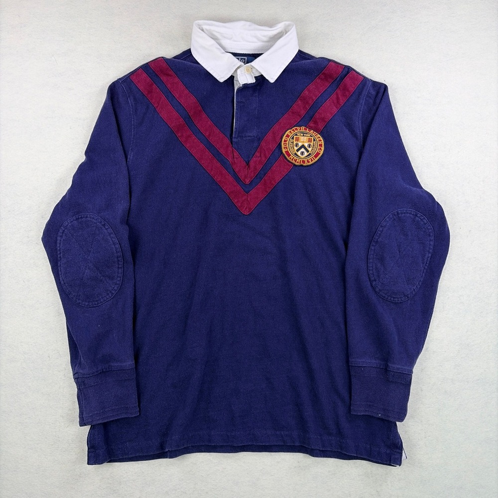 VTG Polo Ralph Lauren Custom Fit Rugby Shirt XL Navy Blue Burgundy Elbow Patch